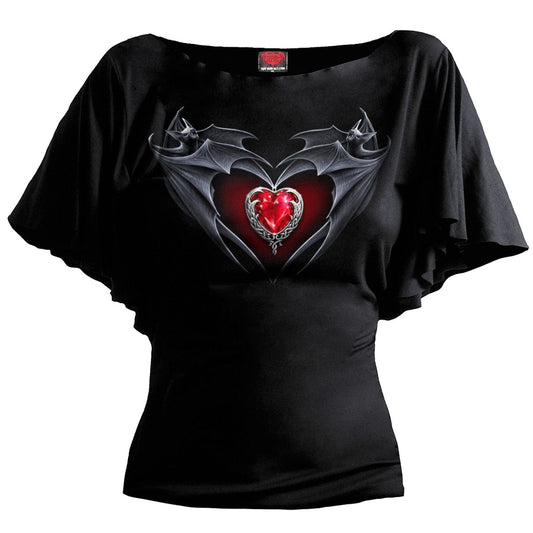 BAT'S HEART - Boat Neck Bat Sleeve Top Black -  - Tops - Short Sleeve
