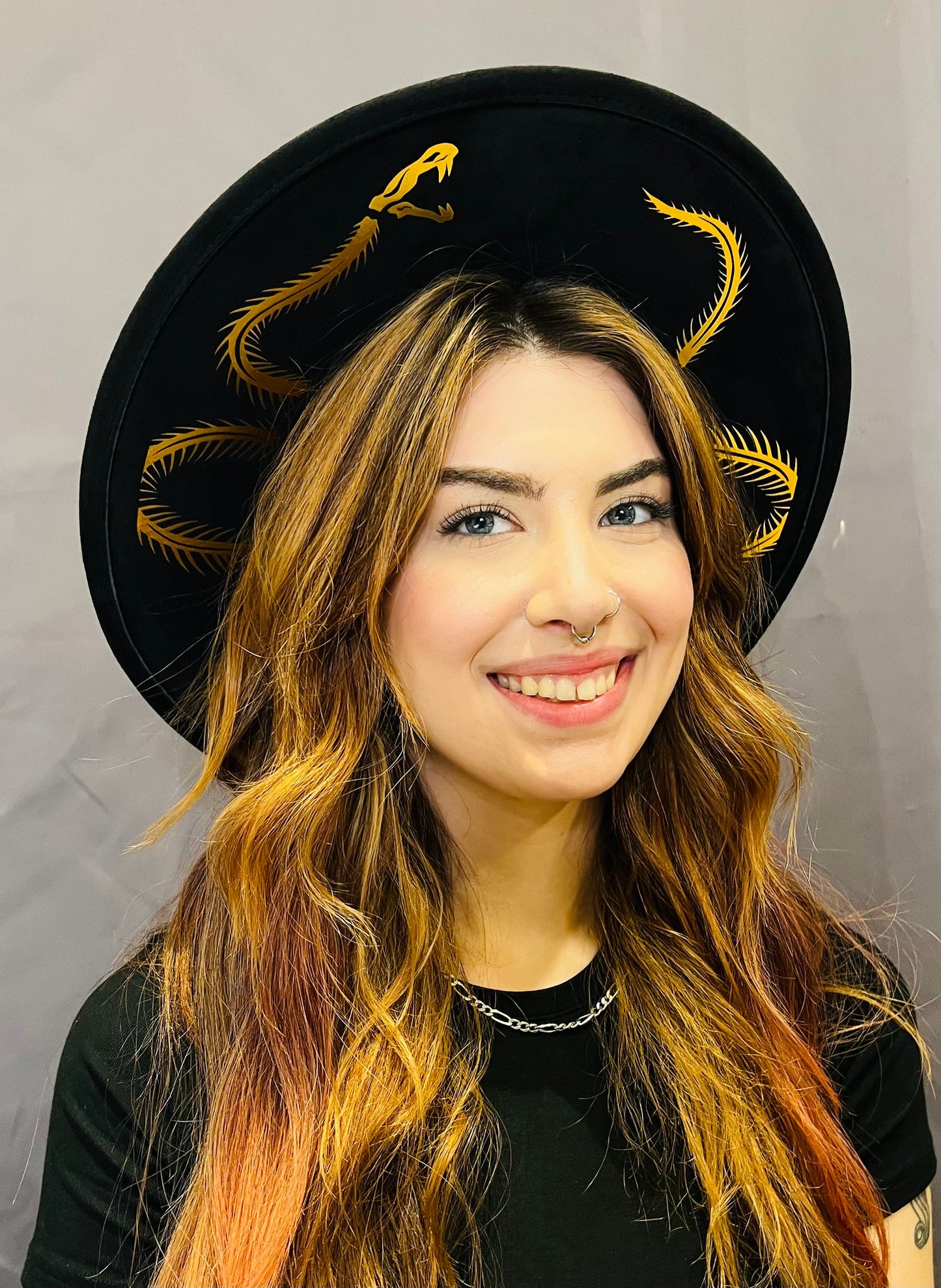 Vegan SUEDE Wide Brim Hat - XL Brim - Foiled Snake Skeleton -  - 