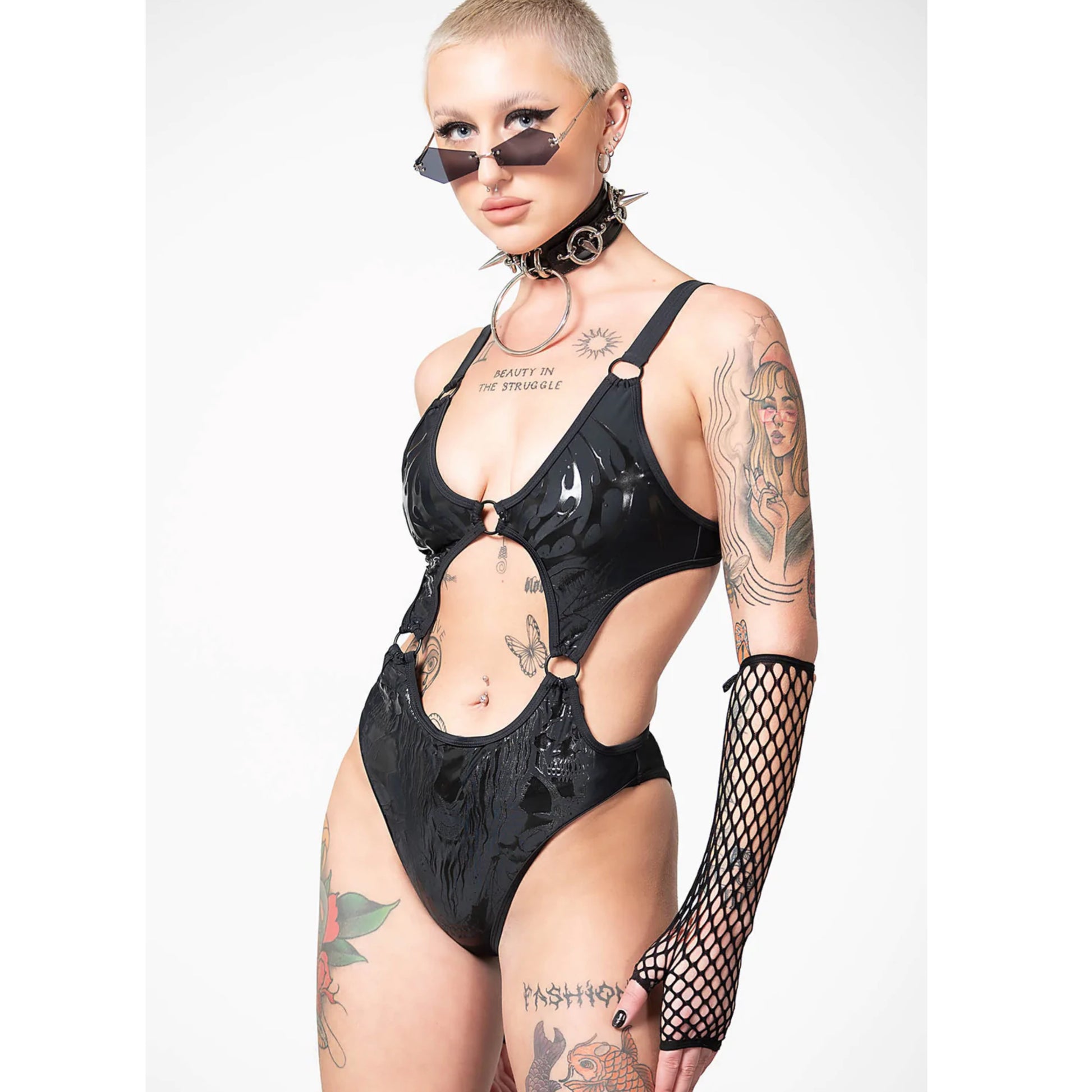 Dark Princess One Piece Swimsuit | Black On Black Cut-Out Panels O Hoop Closures - Killstar - Swimwear