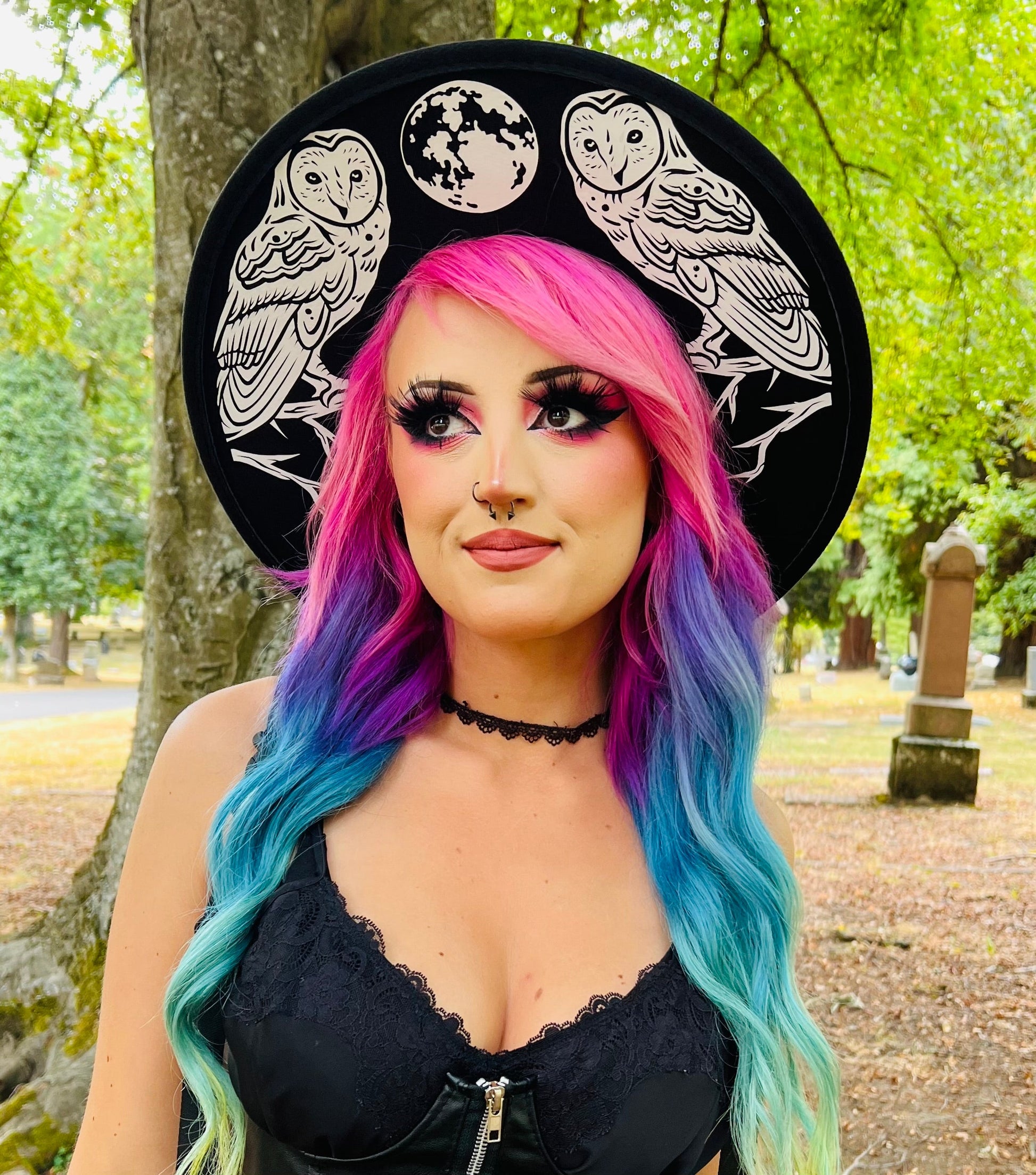 Vegan Felt Wide Brim Hat - Flat Top XL Brim - "Owls" -  - 