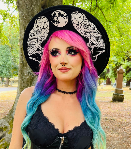 Vegan Felt Wide Brim Hat - Flat Top XL Brim - "Owls" -  - 