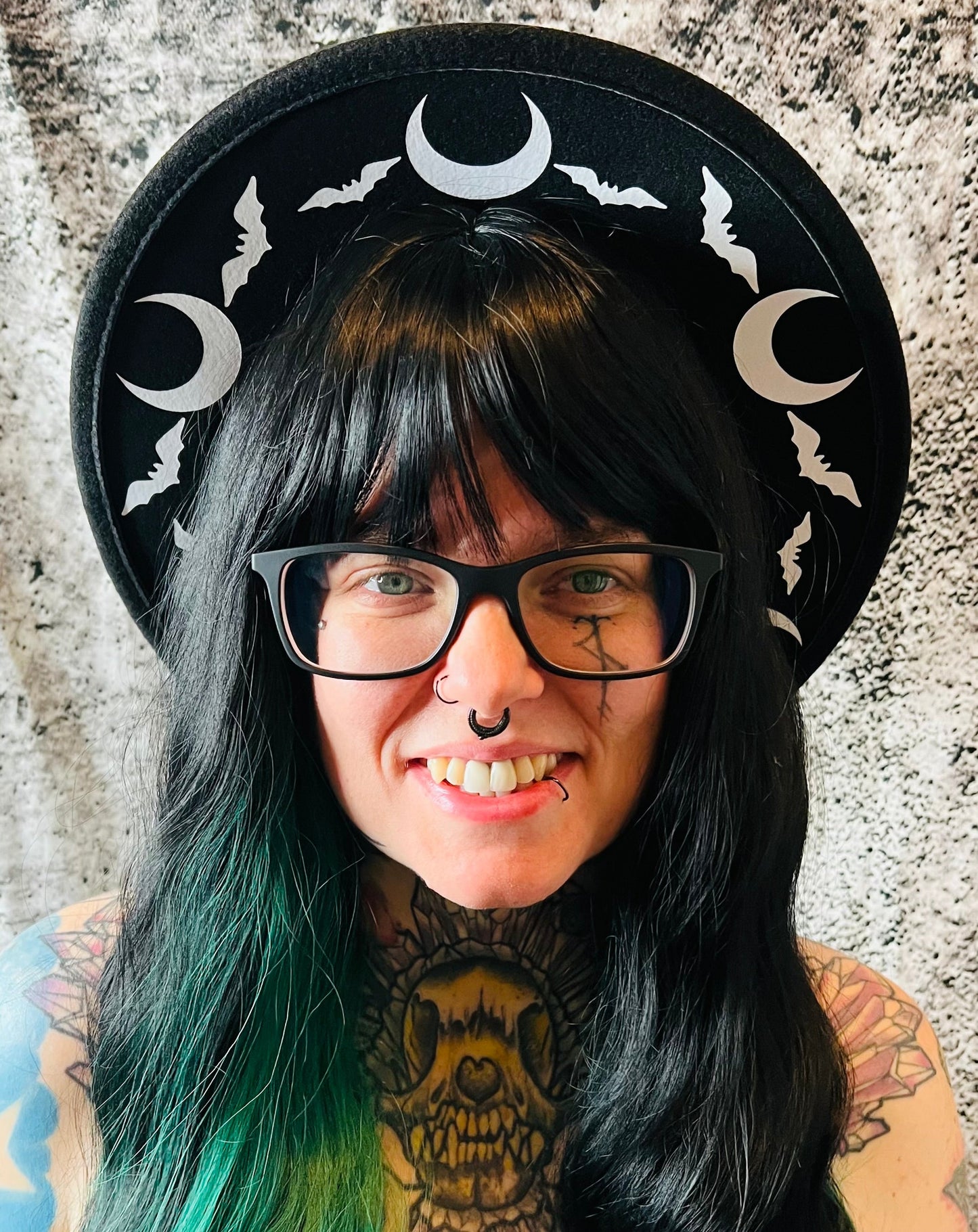Vegan Felt Wide Brim Hat - "B/W Bat moon" -  - 