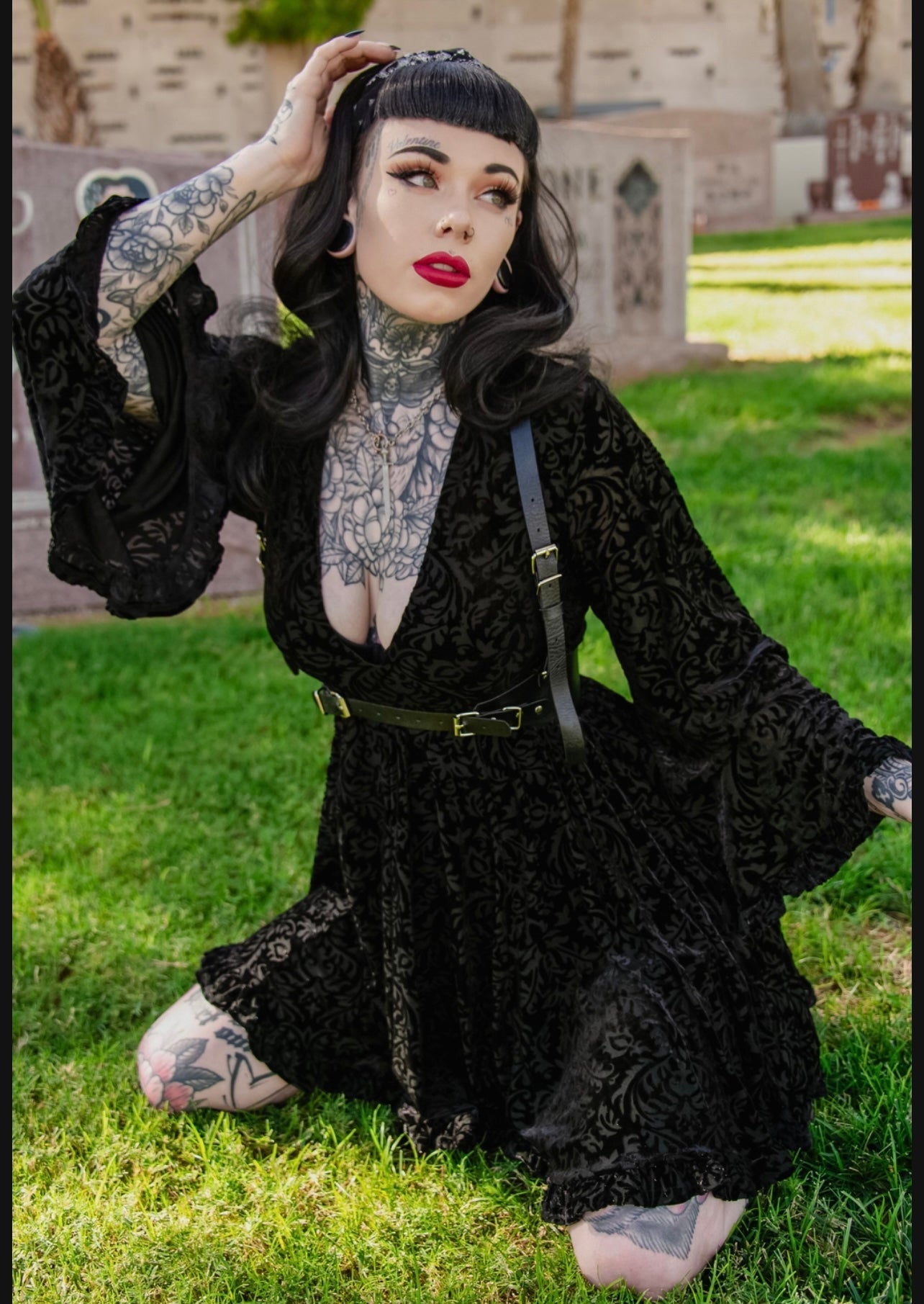 Nyx - Bell Sleeved Velvet Damask Dress with Harness - READY TO SHIP! -  - 