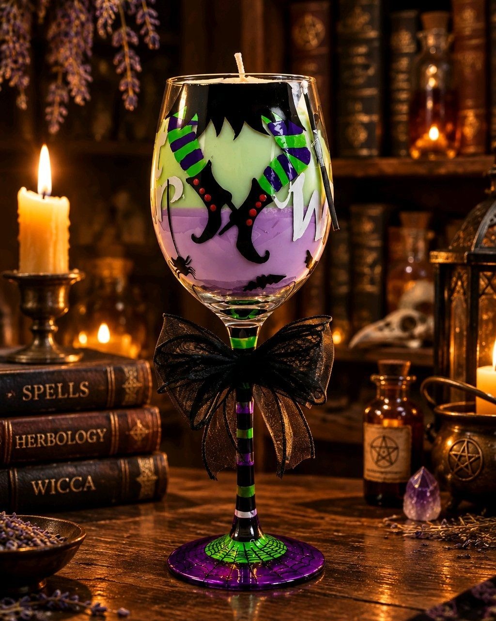 Artisan One Moon Flame Working Witch Halloween Wine Glass Candle Apple Brandy 20oz