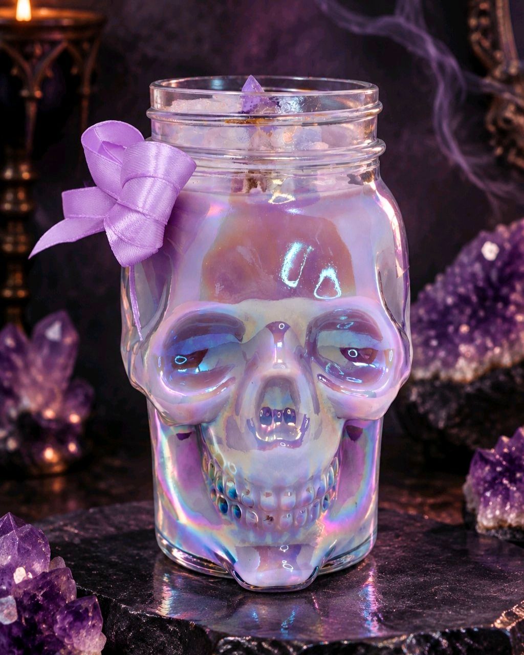 Artisan One Moon Flame Ethereal Veil Iridescent Skull Frankincense Candle