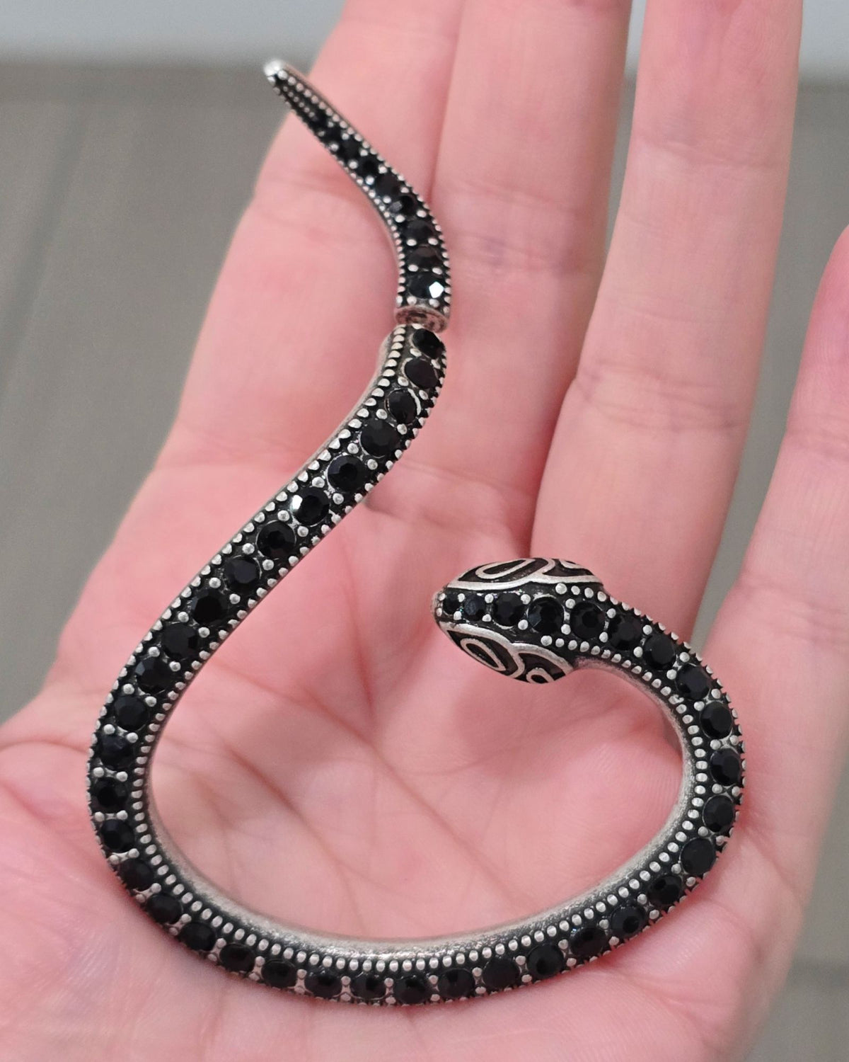 Killstar Temptation Snake Black Crystal Darkened Silver Cuff Wrap Earring Left