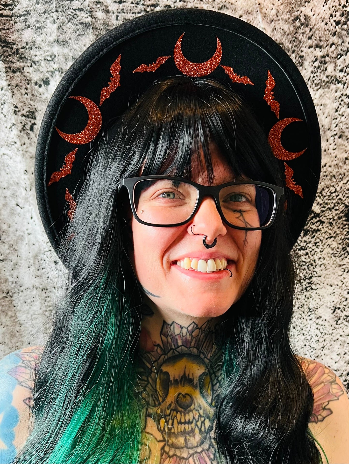 Vegan Felt Wide Brim Hat - "Orange Bat Moon" -  - 