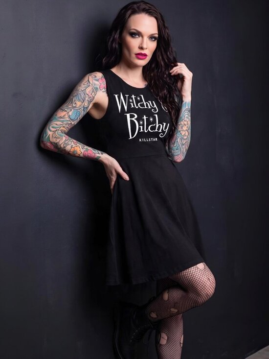 Killstar Witchy Bitchy Skater Dress Black Button Back Jersey Graphic Medium