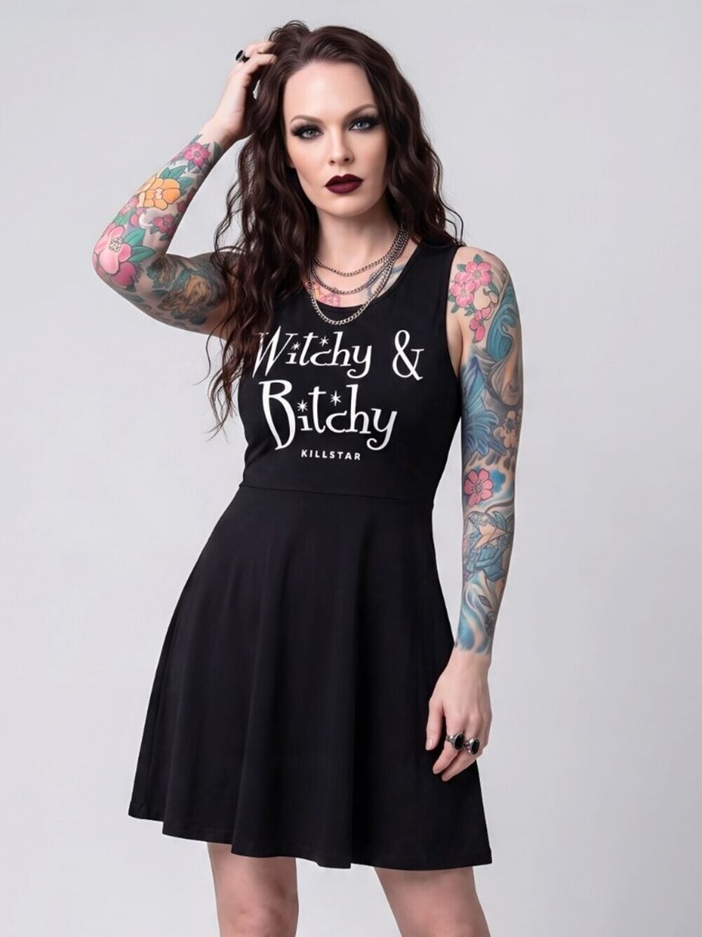 Killstar Witchy Bitchy Skater Dress Black Button Back Jersey Graphic Medium