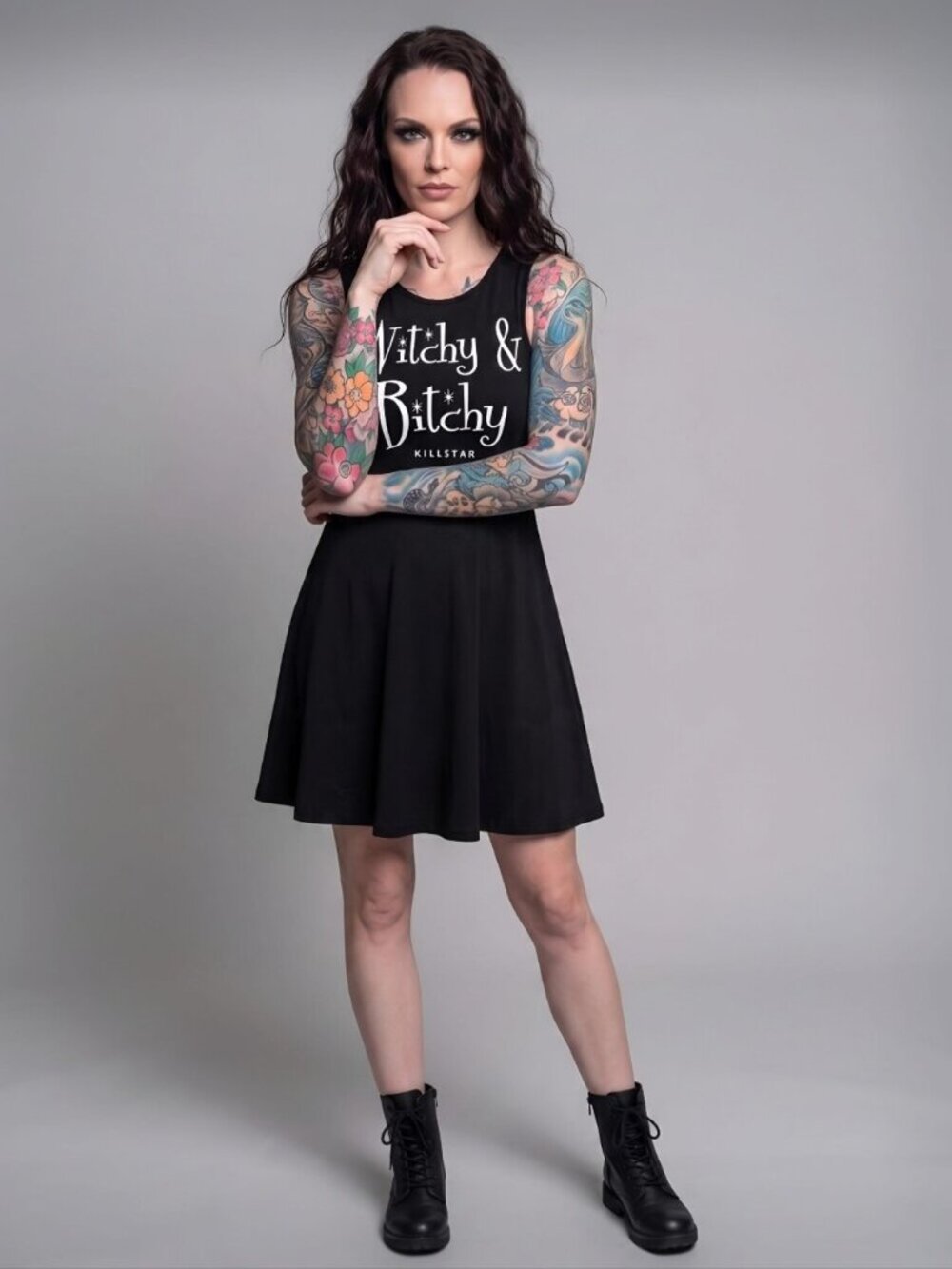 Killstar Witchy Bitchy Skater Dress Black Button Back Jersey Graphic Medium