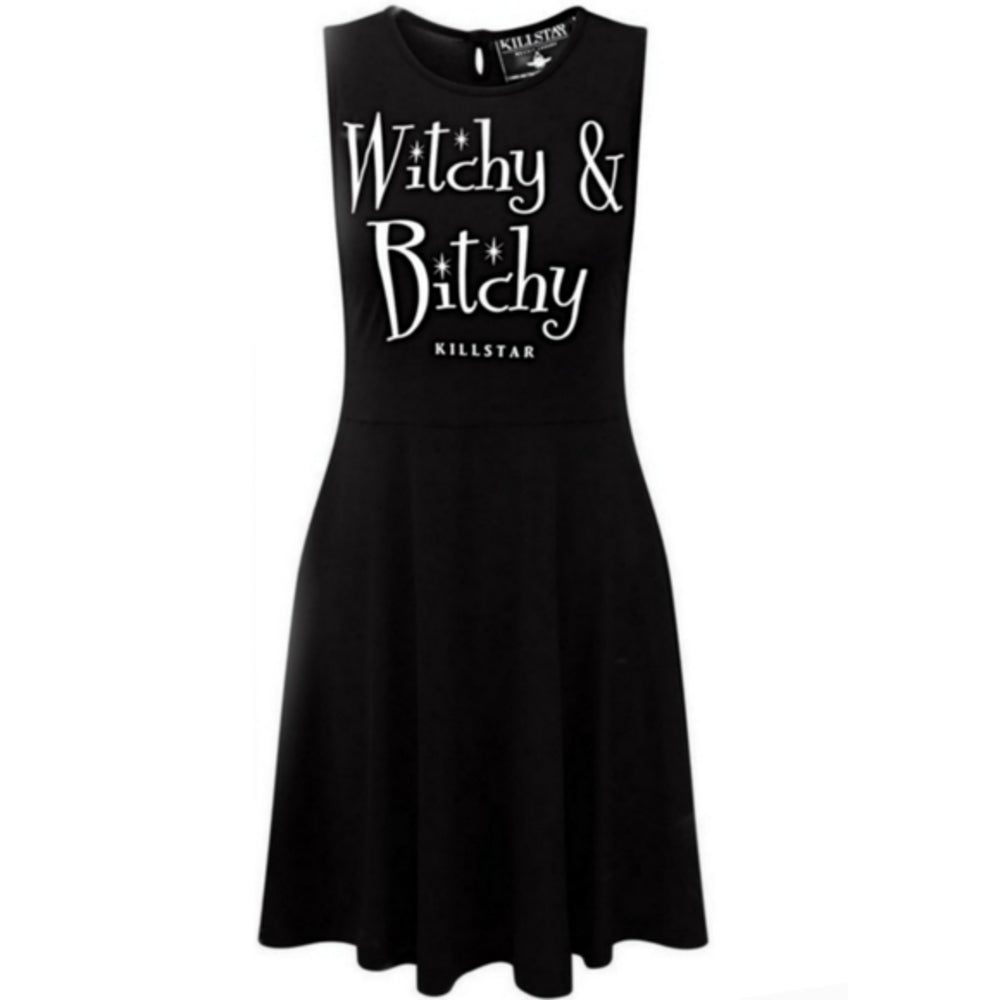 Killstar Witchy Bitchy Skater Dress Black Button Back Jersey Graphic Medium