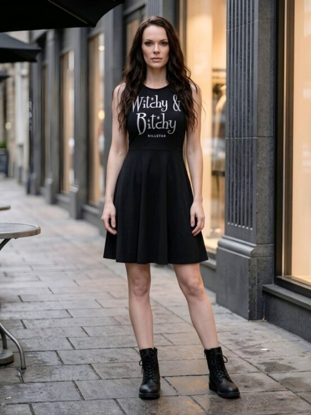 Killstar Witchy Bitchy Skater Dress Black Button Back Jersey Graphic Medium