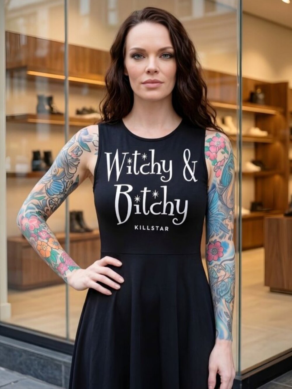 Killstar Witchy Bitchy Skater Dress Black Button Back Jersey Graphic Medium