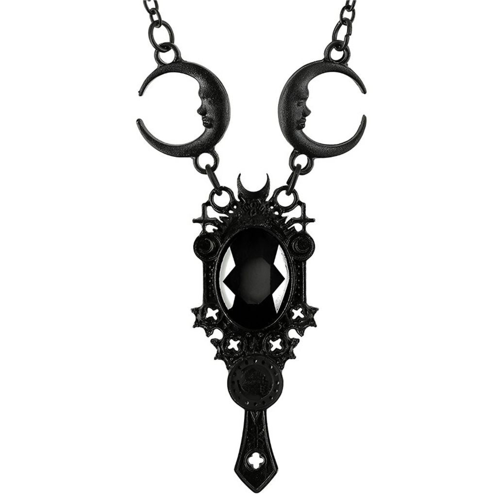 Dark Mirror Necklace ✦ Crescent Moon ✦ Black Onyx ✦ Rare Statement