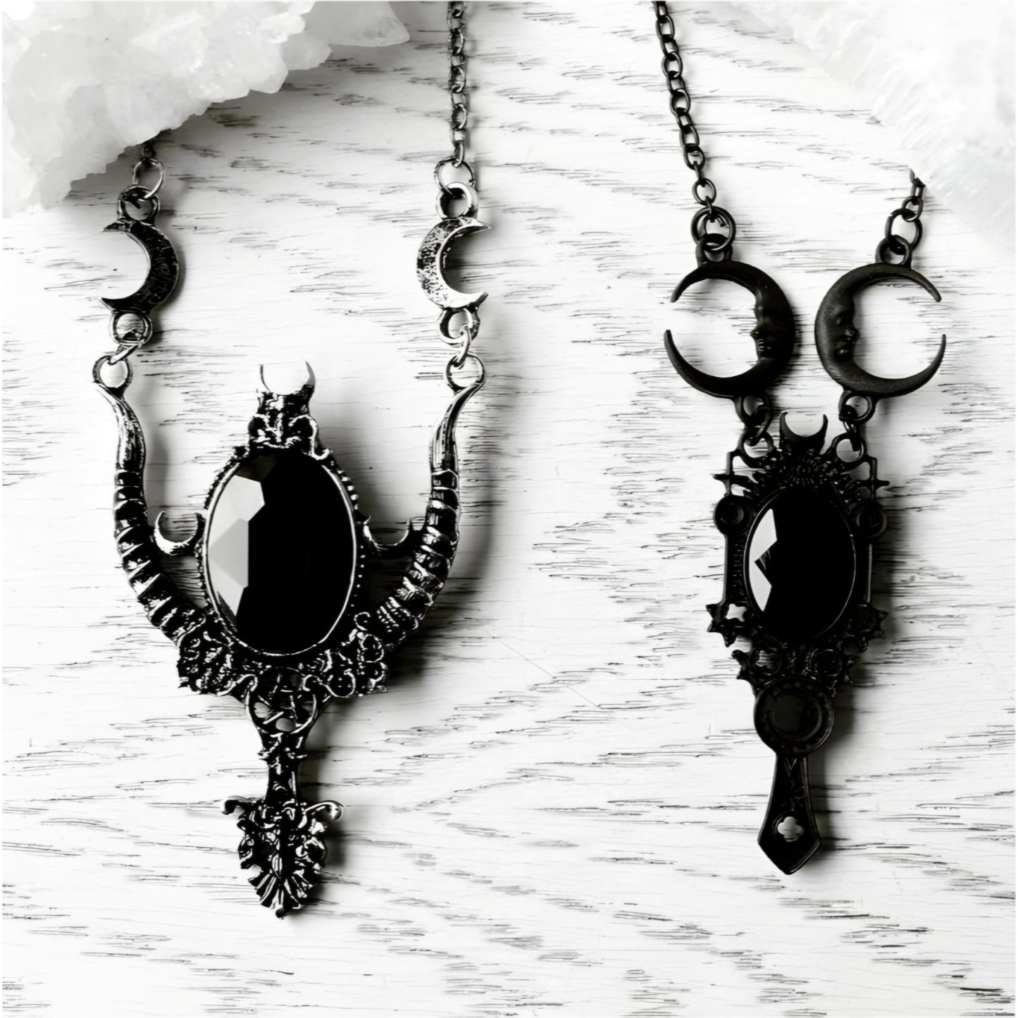 Dark Mirror Necklace ✦ Crescent Moon ✦ Black Onyx ✦ Rare Statement