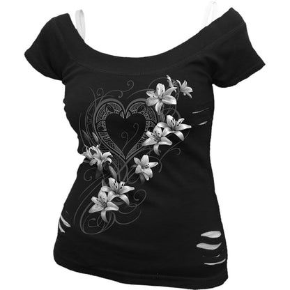 PURE OF HEART - 2in1 White Ripped Top Black -  - Tops - Short Sleeve