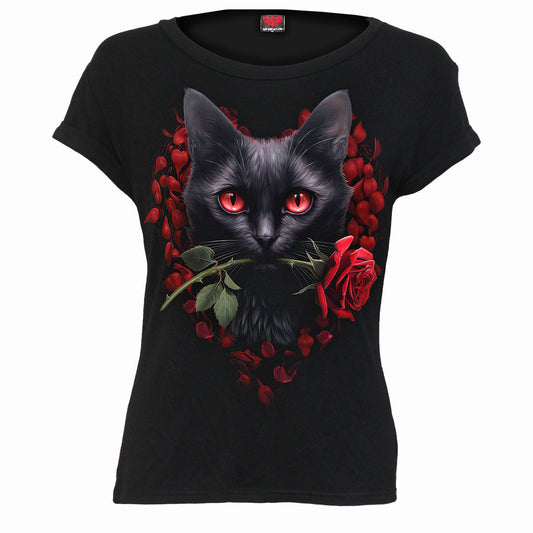 CAT'S LOVE - Boatneck Cap Sleeve Top Black -  - Tops - Short Sleeve