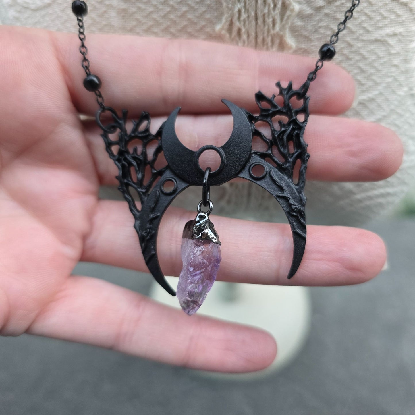 Branch Crescent Necklace ✦ Raw Amethyst Crystal ✦ Moon Phases ✦ Rare