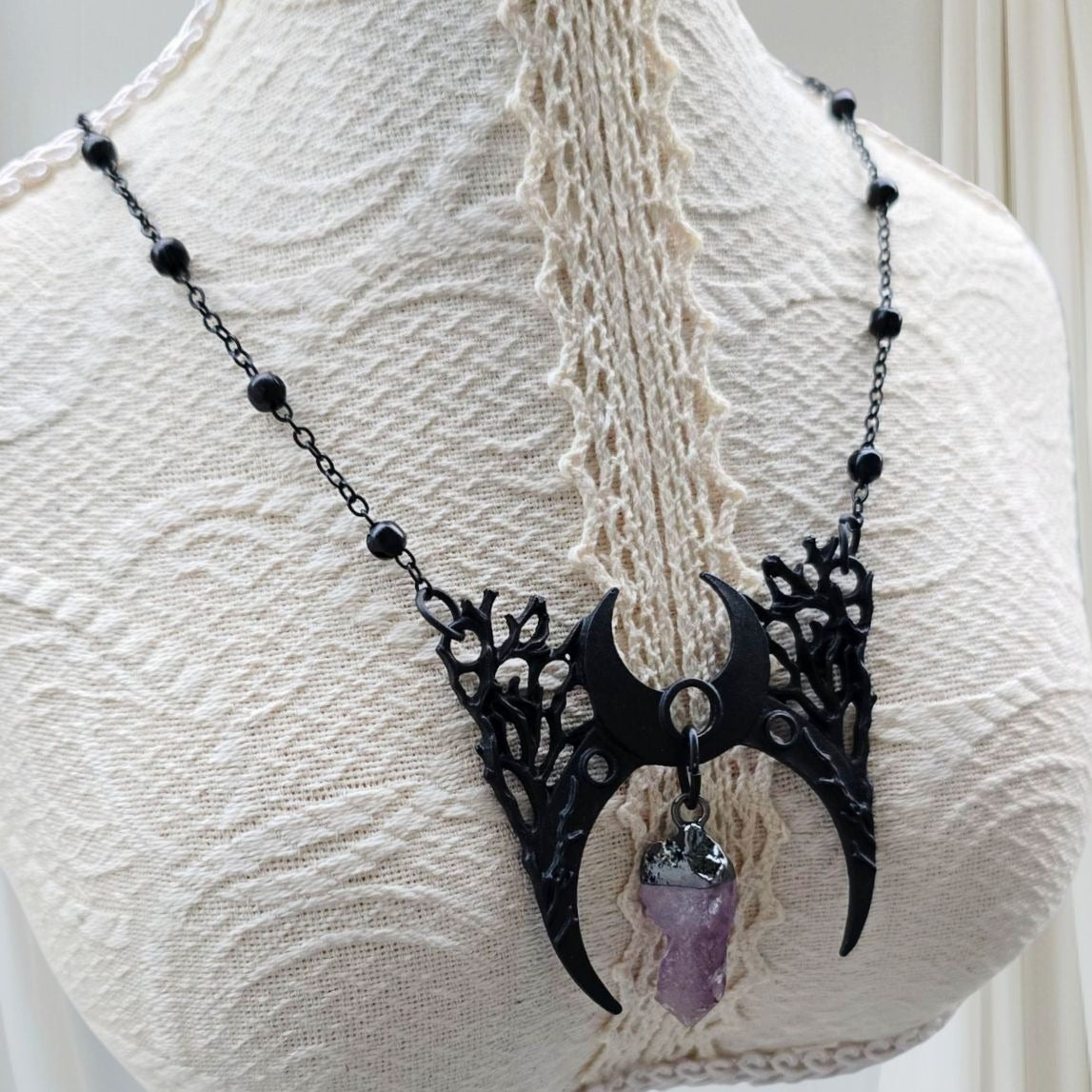 Branch Crescent Necklace ✦ Raw Amethyst Crystal ✦ Moon Phases ✦ Rare