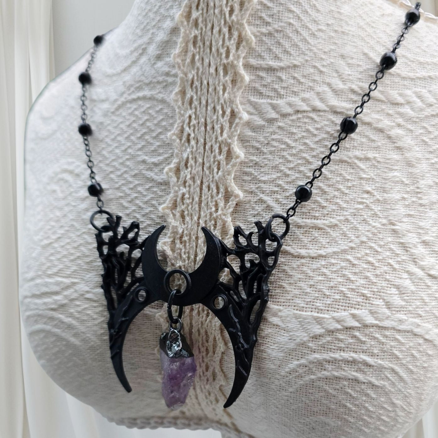 Branch Crescent Necklace ✦ Raw Amethyst Crystal ✦ Moon Phases ✦ Rare