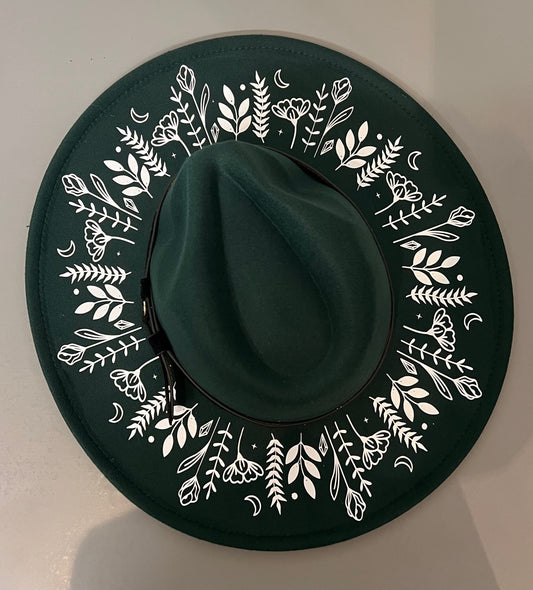 Vegan Felt Wide Brim Hat - XL Brim - Emerald - Botanicals -  - 
