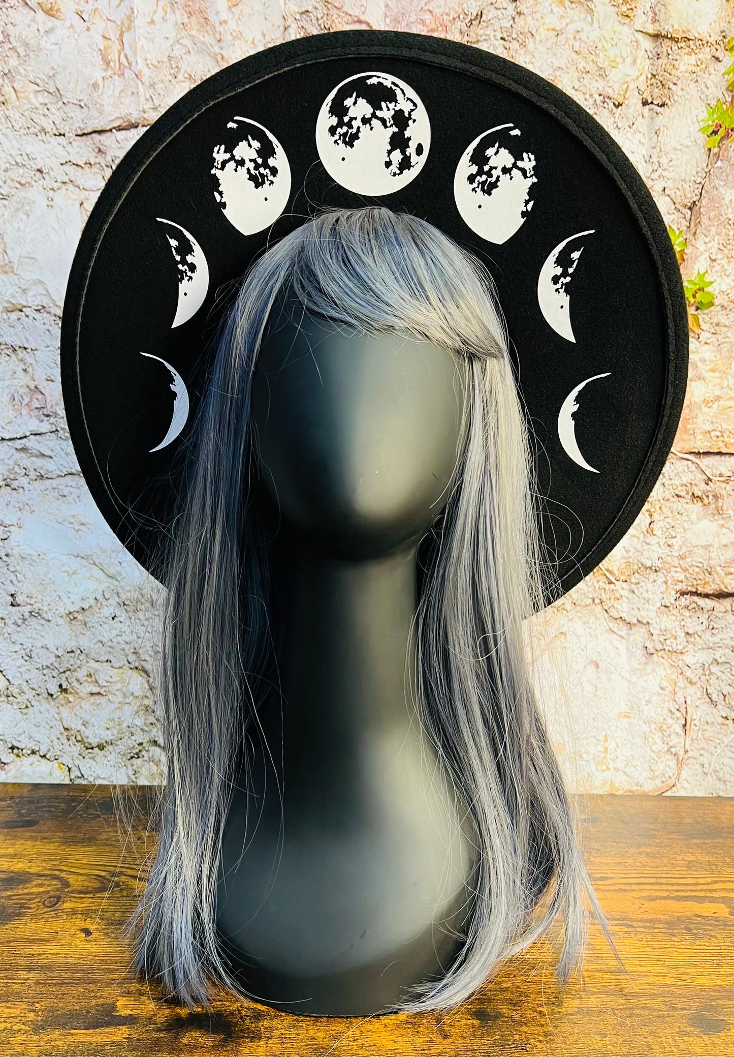 Vegan Felt Wide Brim Hat - Flat Top XL Brim - "large Moon Phase" -  - 