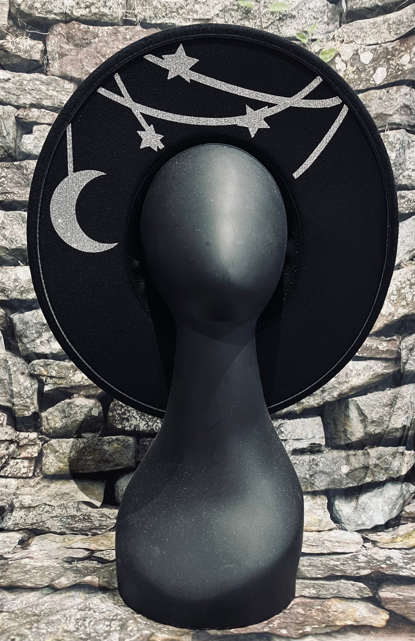 Vegan Felt Wide Brim Hat - XL Brim - Hanging Moon & Stars -  - 