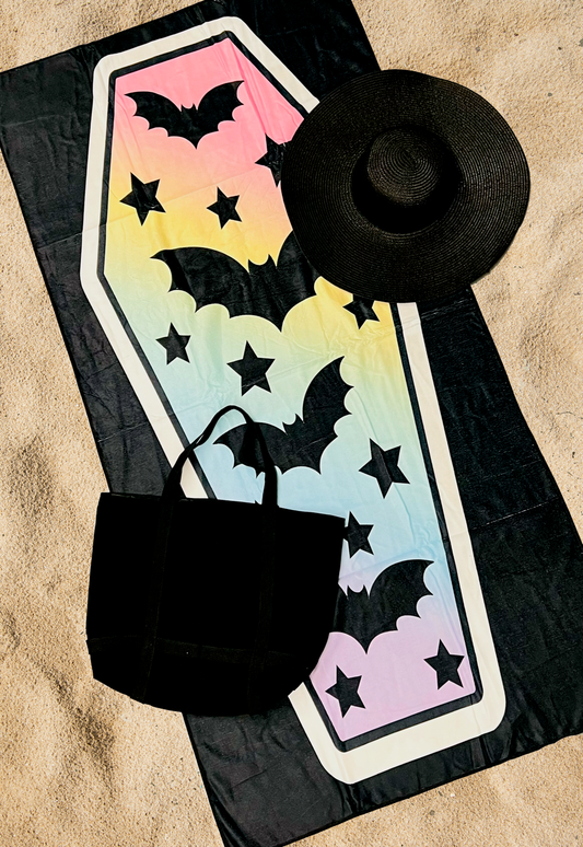 Beach Towel PASTEL Rainbow Batty Coffin - Pastel Goth Beach Towel - Kawaii Gothic Decor