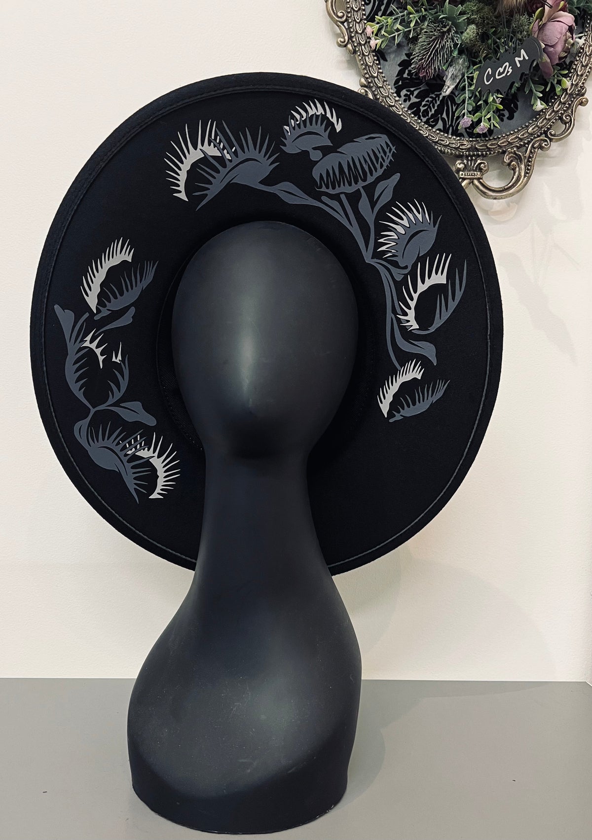 Vegan Felt Wide Brim Hat - XL Brim - Venus Fly Traps (Monochromatic) -  - 