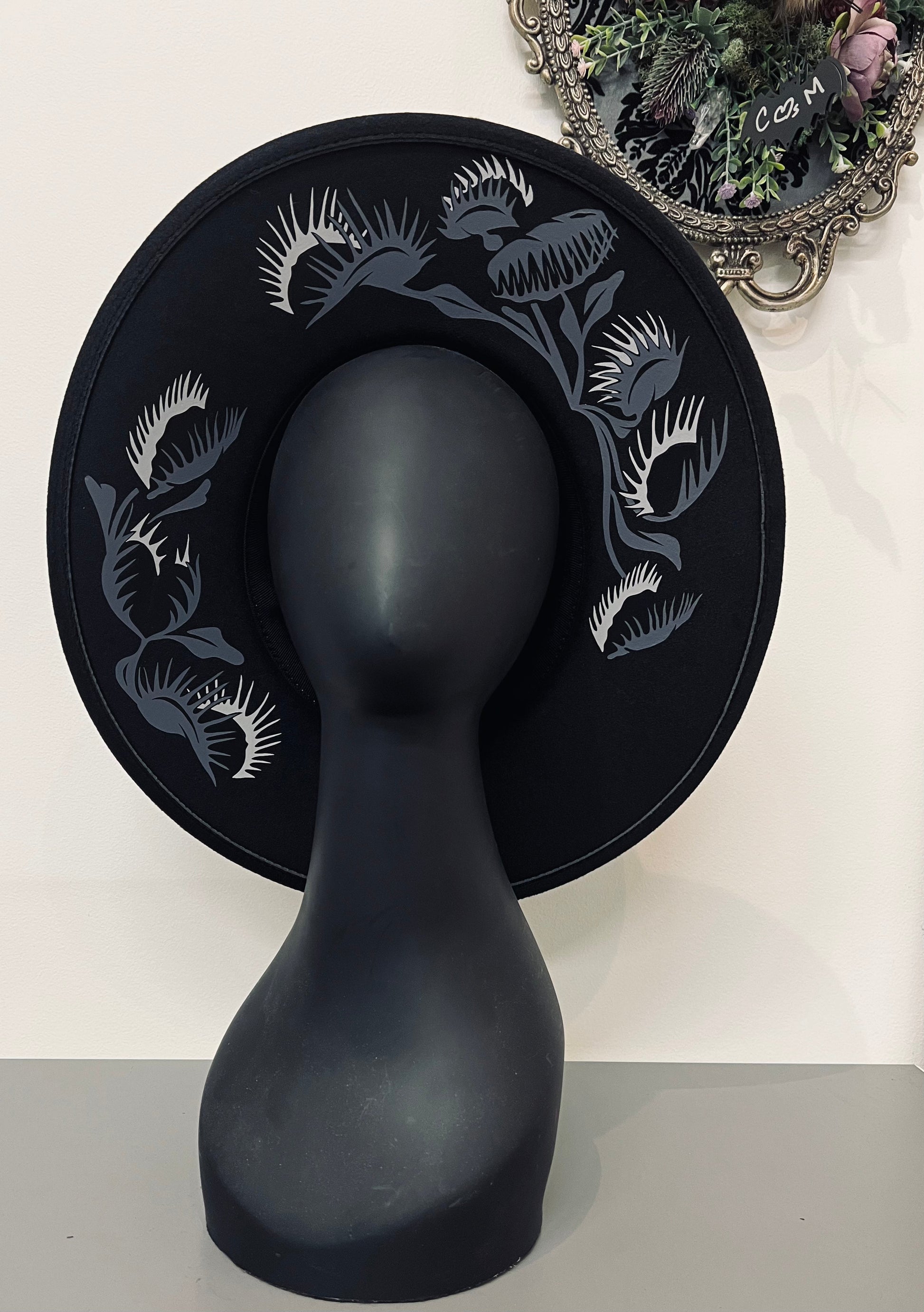Vegan Felt Wide Brim Hat - XL Brim - Venus Fly Traps (Monochromatic) -  - 