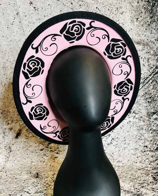 Vegan Felt Wide Brim Hat - "Pastel Pink Black Rose Crown" -  - 