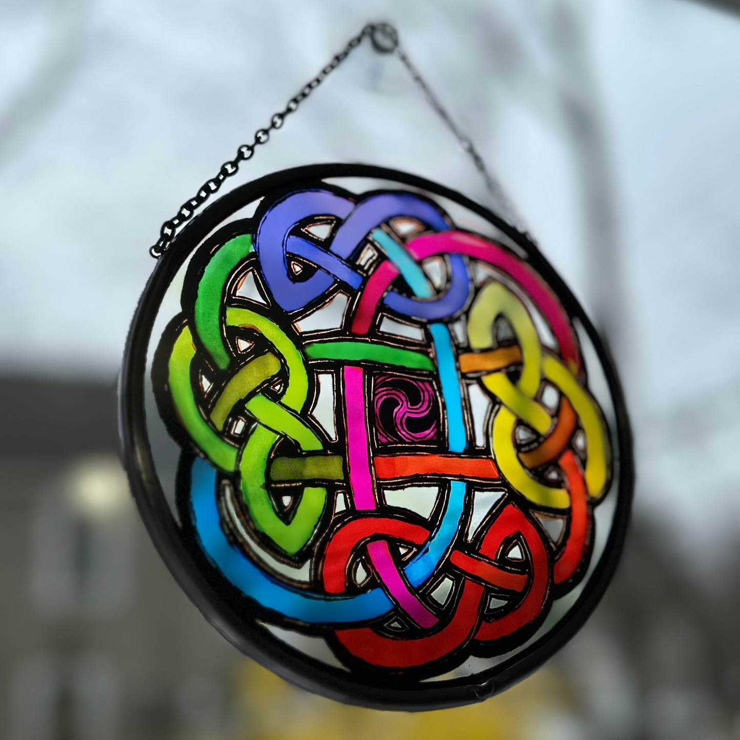 Celtic Eternal Knot Hand-Painted Stained Glass Panel