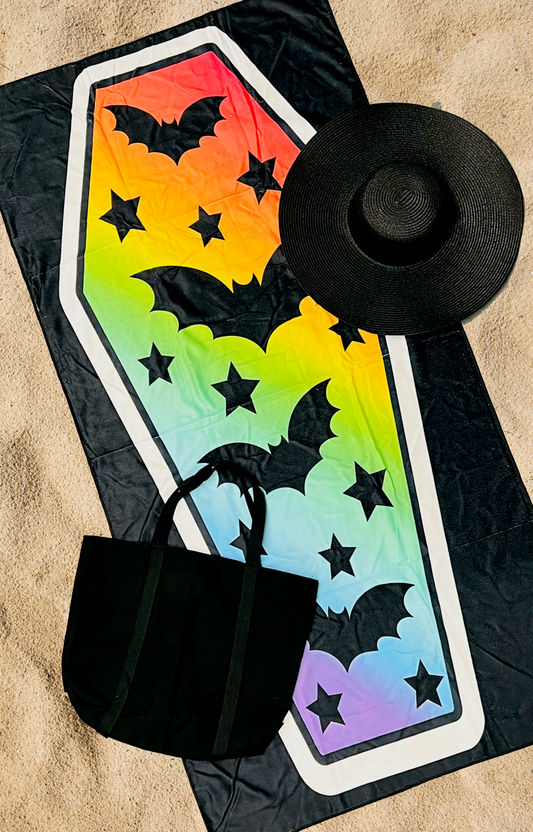 Beach Towel Rainbow Batty Coffin - Gothic Beach Towel - Bat Lover Accessories