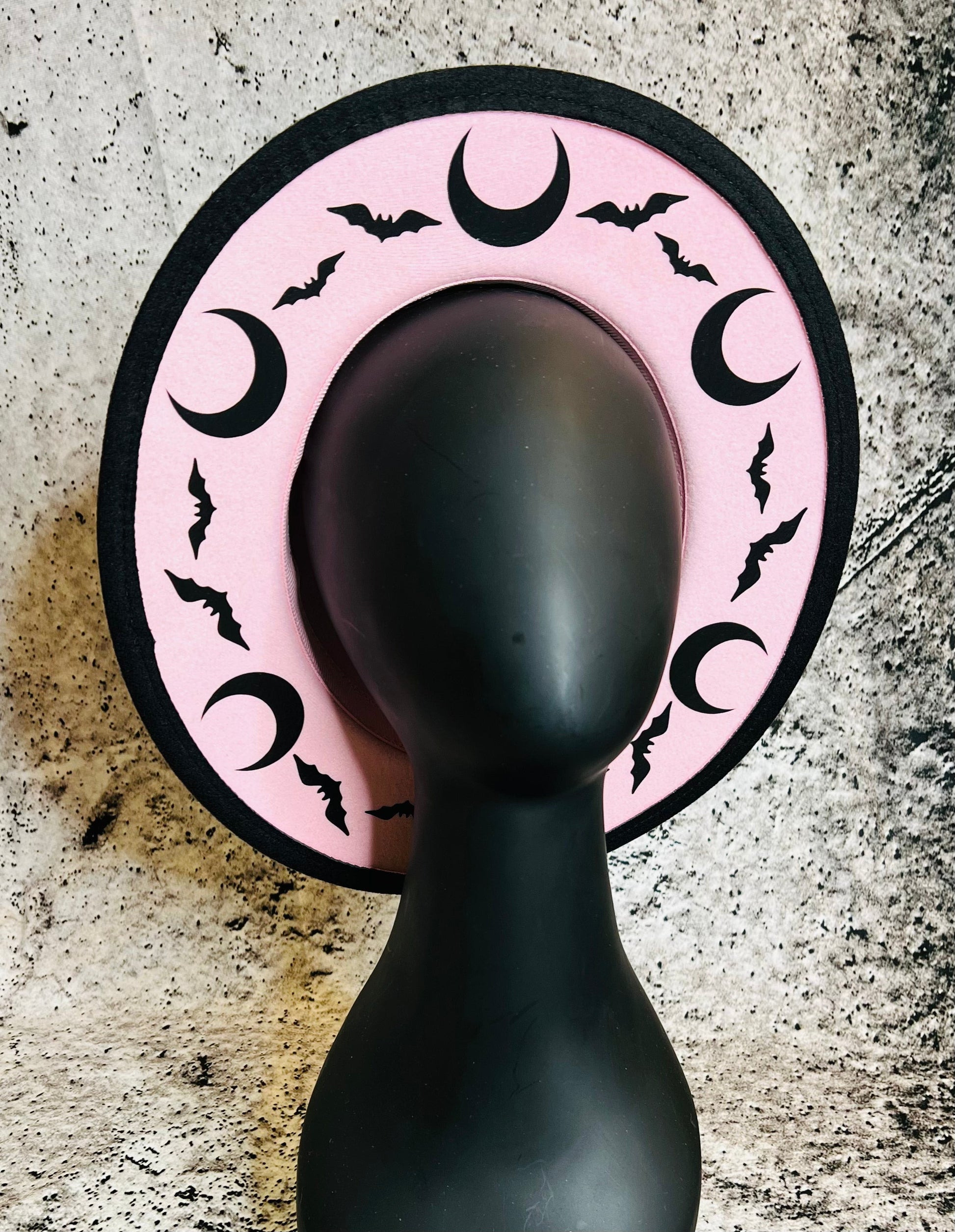 Vegan Felt Wide Brim Hat - "Pastel Pink Bat Moon" -  - 