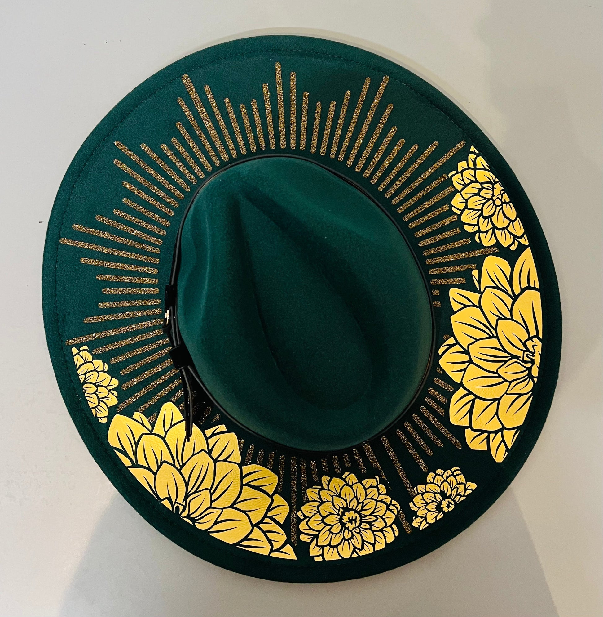 Vegan Felt Wide Brim Hat - XL Brim - Emerald - Dahlia Burst -  - 