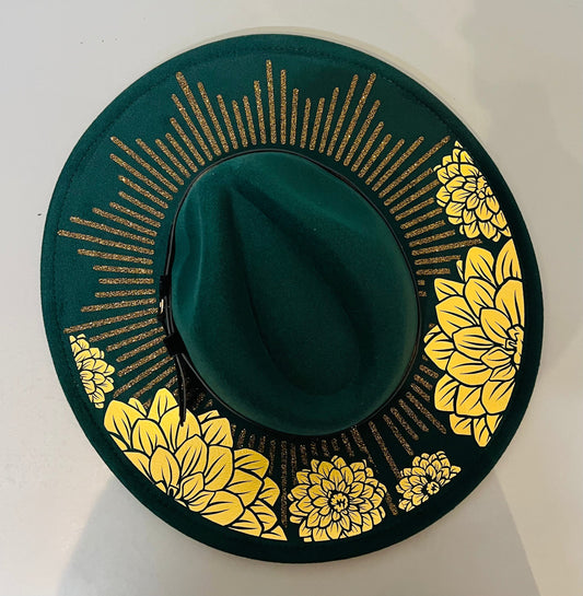 Vegan Felt Wide Brim Hat - XL Brim - Emerald - Dahlia Burst -  - 