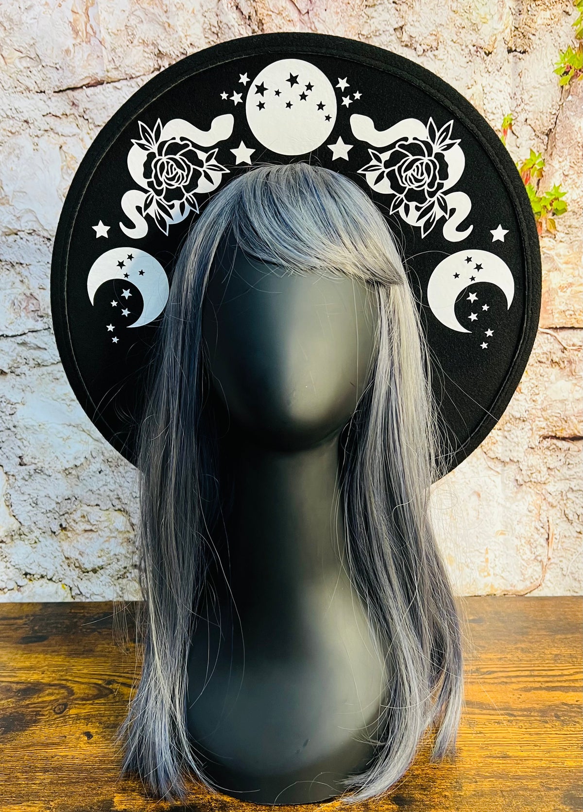 Vegan Felt Wide Brim Hat - Flat Top XL Brim - "Floral snake moon phase" -  - 