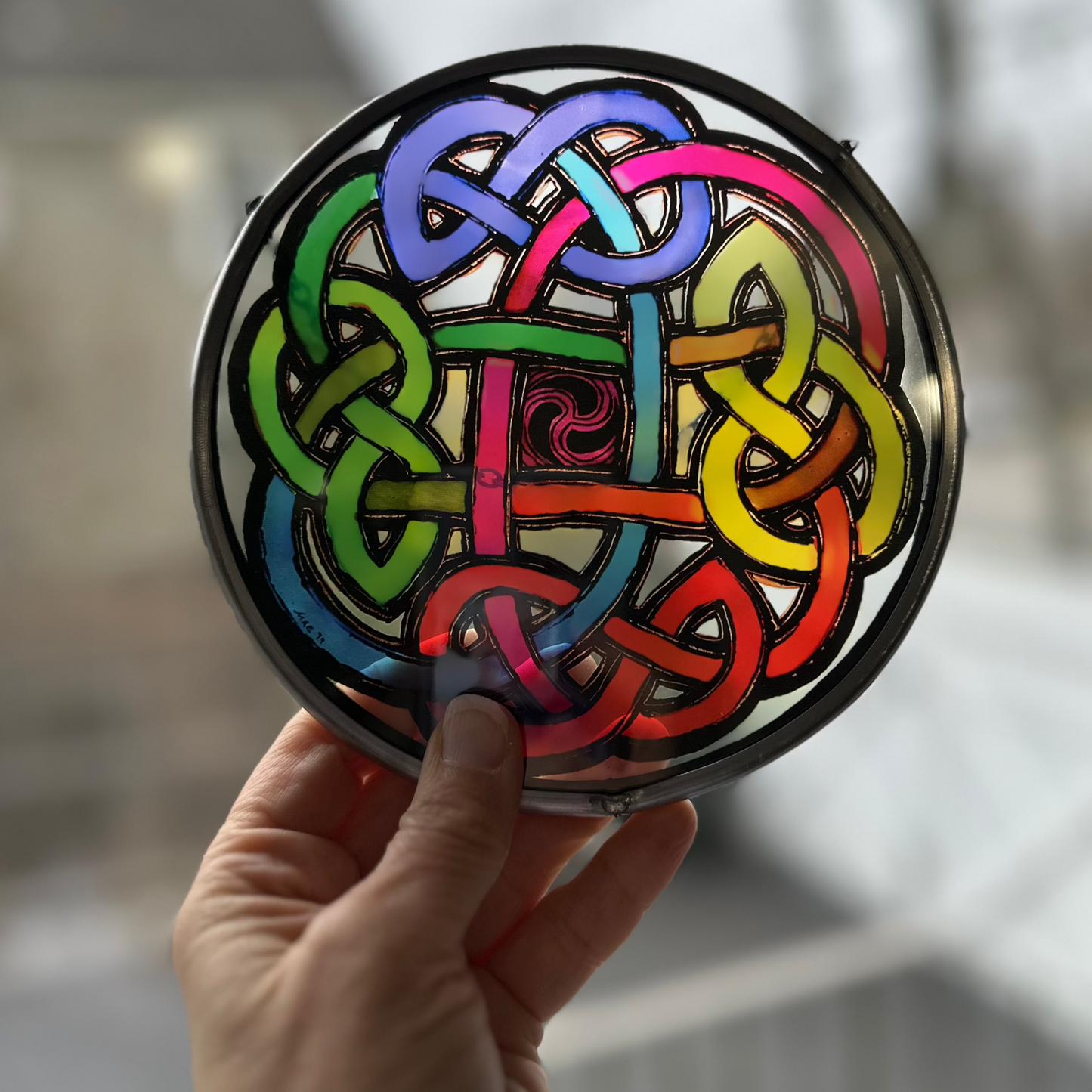 Celtic Eternal Knot Hand-Painted Stained Glass Panel