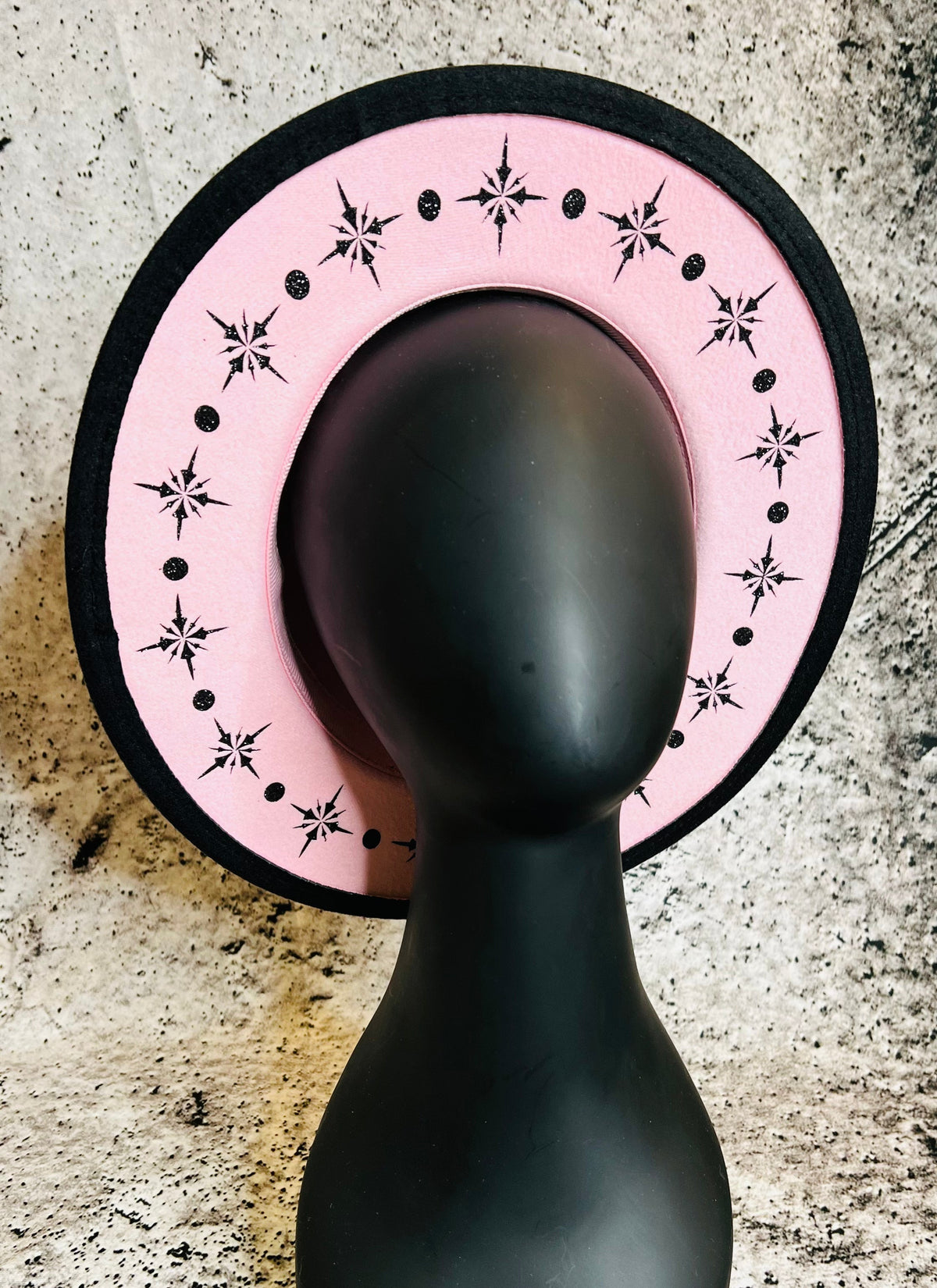 Vegan Felt Wide Brim Hat - "Pastel Pink Black Starburst" -  - 