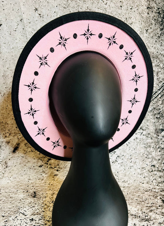 Vegan Felt Wide Brim Hat - "Pastel Pink Black Starburst" -  - 