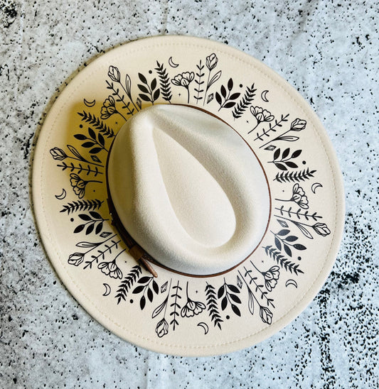 Fox & Fable - Vegan Felt Wide Brim Hat - XL Brim - Cream - Botanicals -  - 