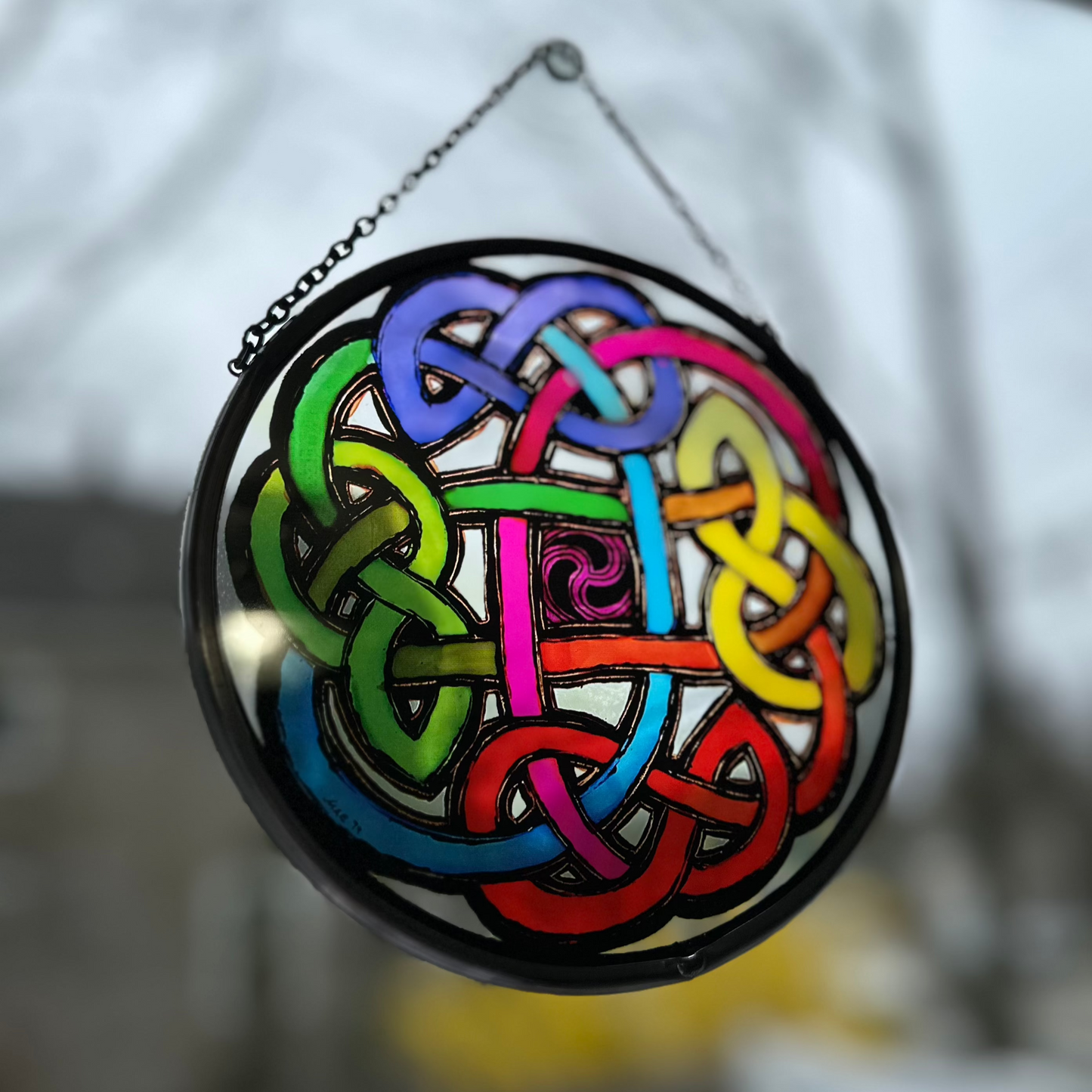 Celtic Eternal Knot Hand-Painted Stained Glass Panel