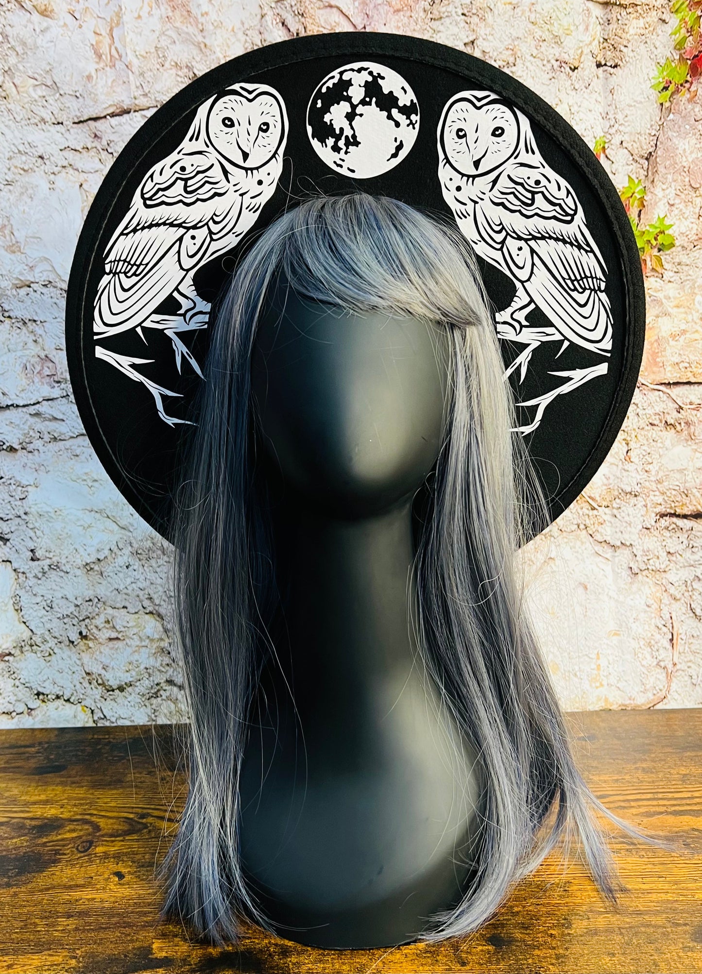 Vegan Felt Wide Brim Hat - Flat Top XL Brim - "Owls" -  - 