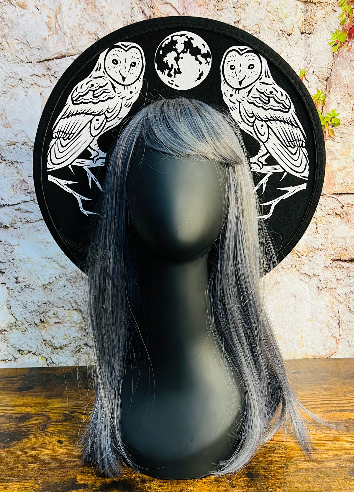 Vegan Felt Wide Brim Hat - Flat Top XL Brim - "Owls" -  - 