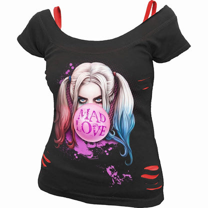 HARLEY QUINN - MAD LOVE - 2in1 Red Ripped Top Black -  - Tops - Short Sleeve
