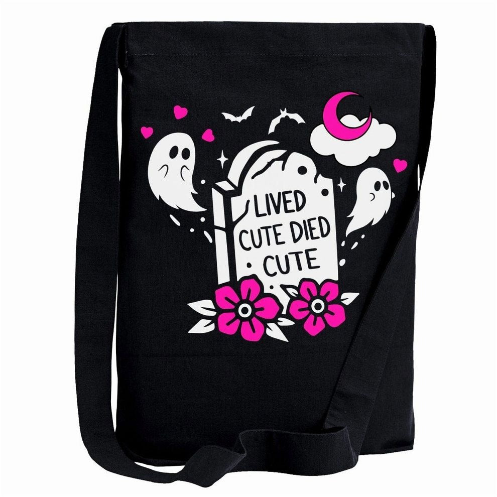 Lived Cute Died Cute Sling Tote Bag W/ Spooky Ghost & Tombstone