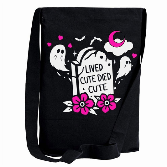Lived Cute Died Cute Sling Tote Bag W/ Spooky Ghost & Tombstone