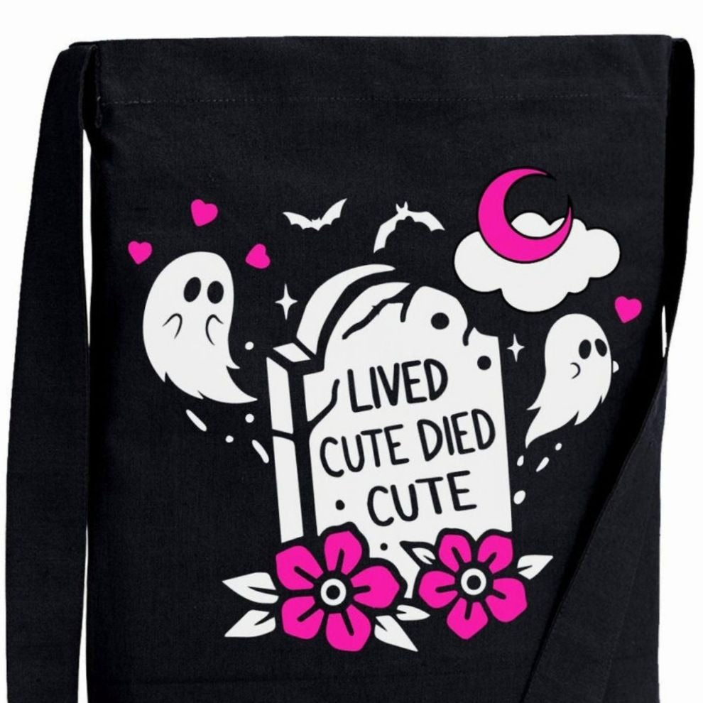 Lived Cute Died Cute Sling Tote Bag W/ Spooky Ghost & Tombstone