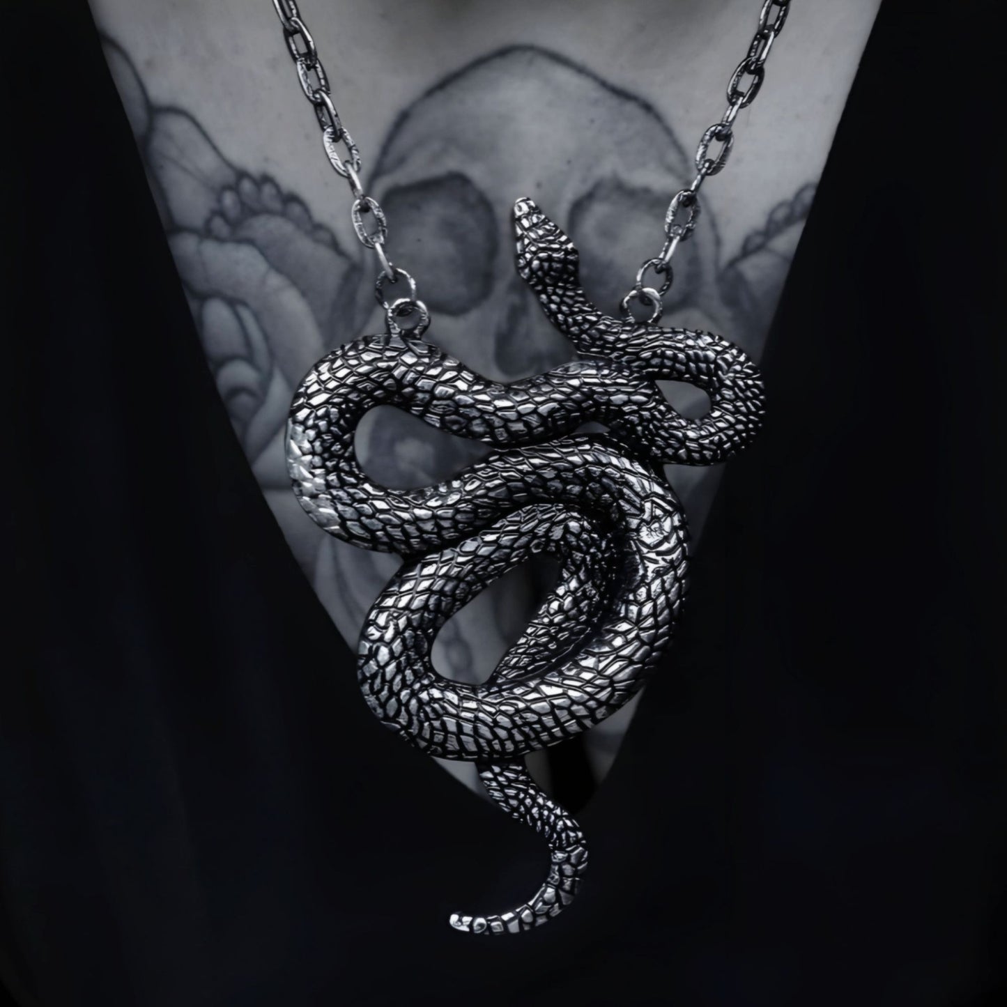 Large Snake Pendant Necklace Gothic Serpent ✦ Antiqued Silver ✦ Rare