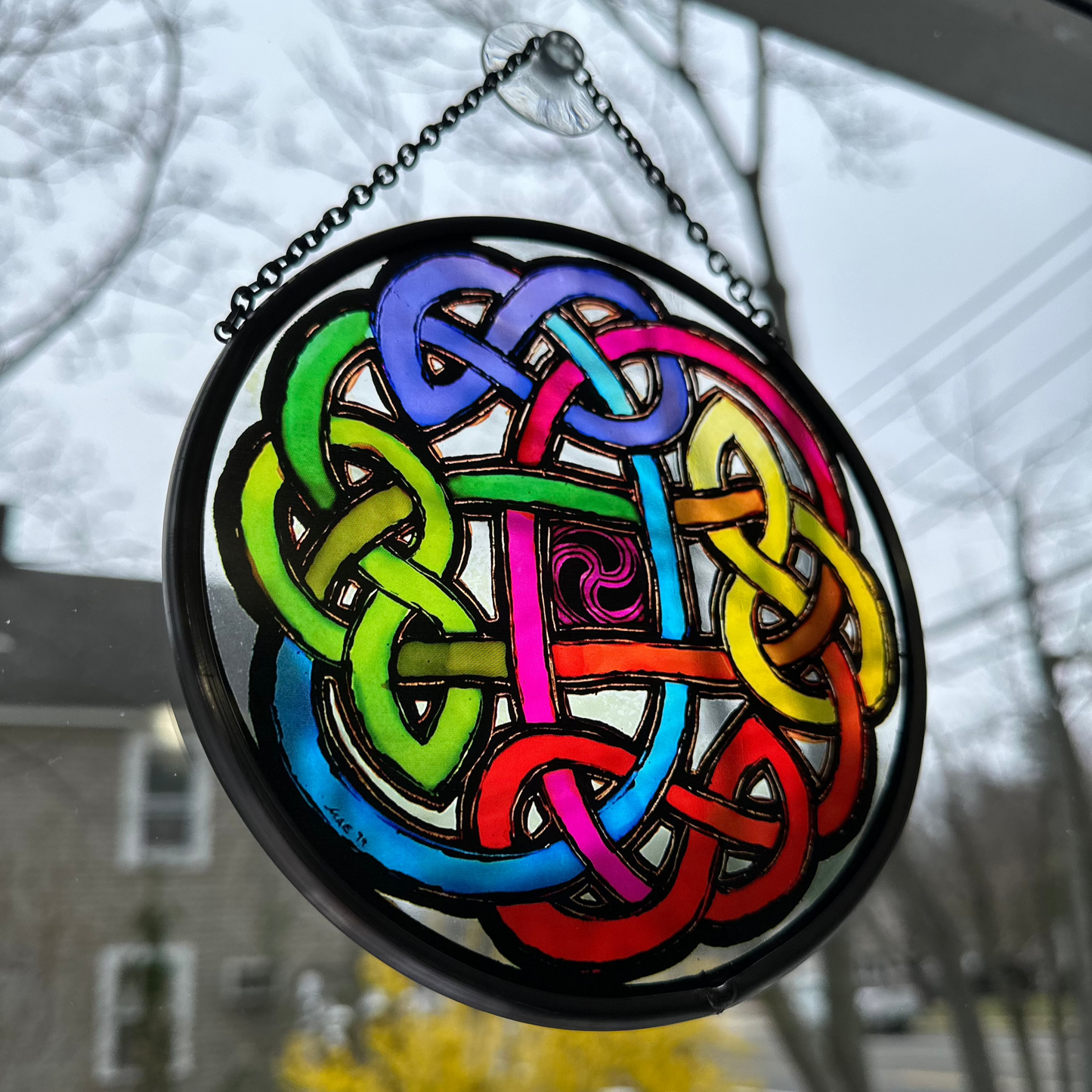 Celtic Eternal Knot Hand-Painted Stained Glass Panel